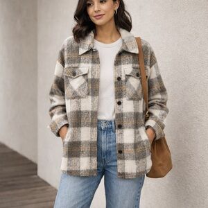 RARE Revolve Saylor Layton Plaid Jacket Gray Wool Shacket S Preppy Quiet Luxury